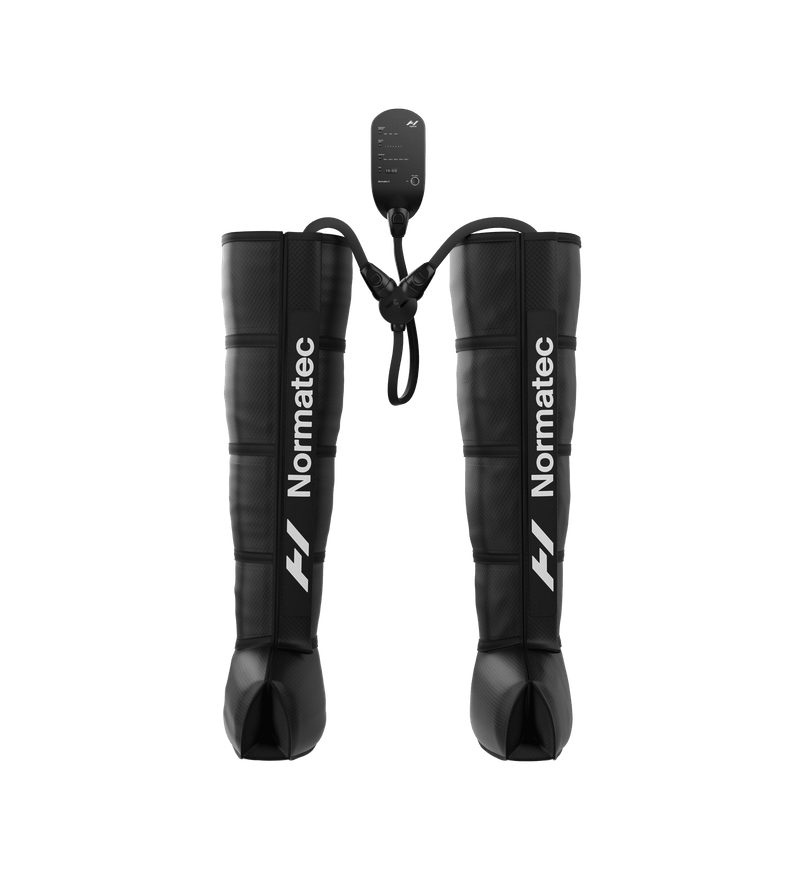 Black Normatec 3 legs compression boots on a transparent background